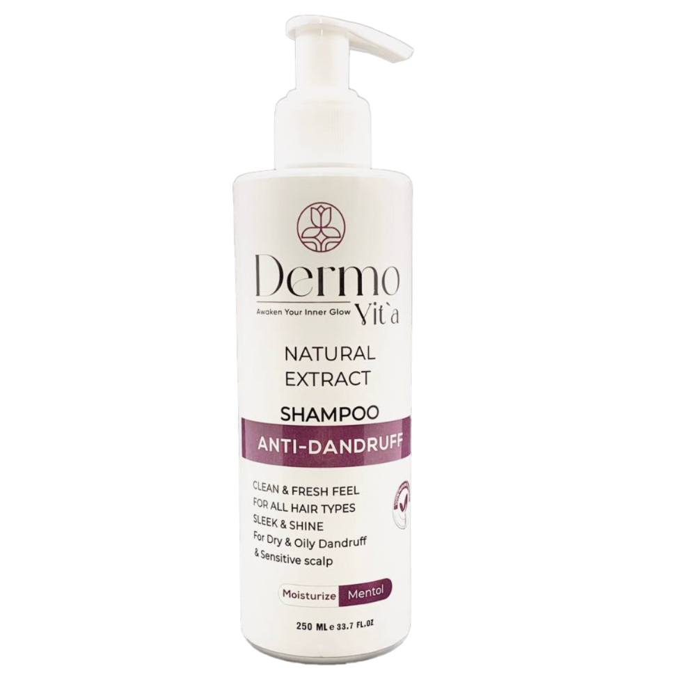 Dermovita anti-dandruff menthol hair shampoo bottle, 250ml, with cooling menthol formula for scalp freshness and dandruff control