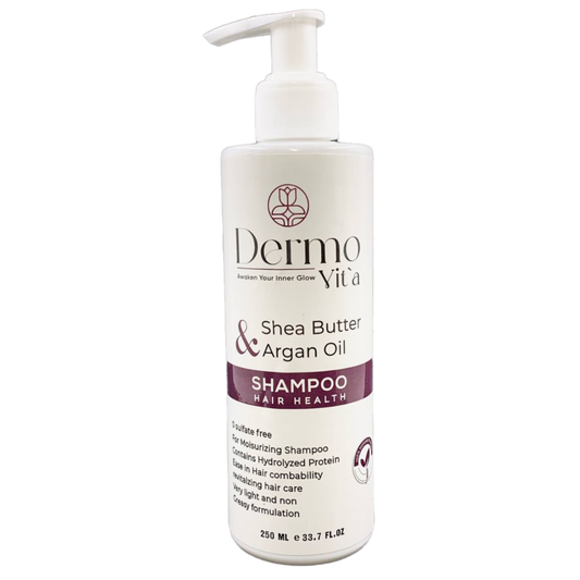 Dermovita Shea & Argan Hair Shampoo bottle, 250ml, for nourishing hair care with natural ingredients and gentle cleansing.