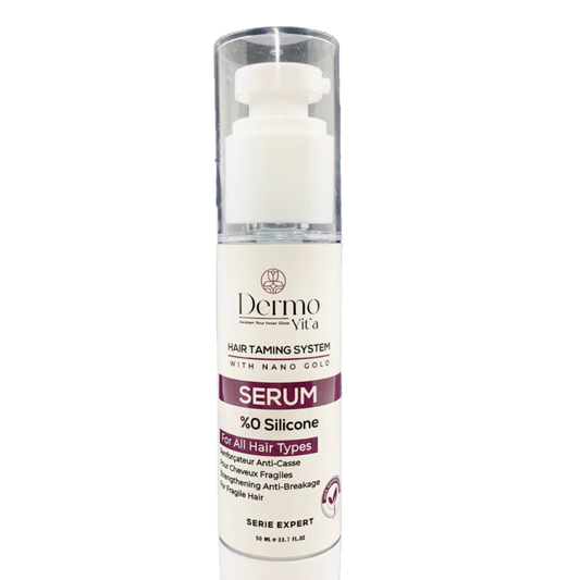 Dermovita Hair Taming System Serum 50ml, smooths and controls frizzy hair, in a clear bottle with a pump dispenser.