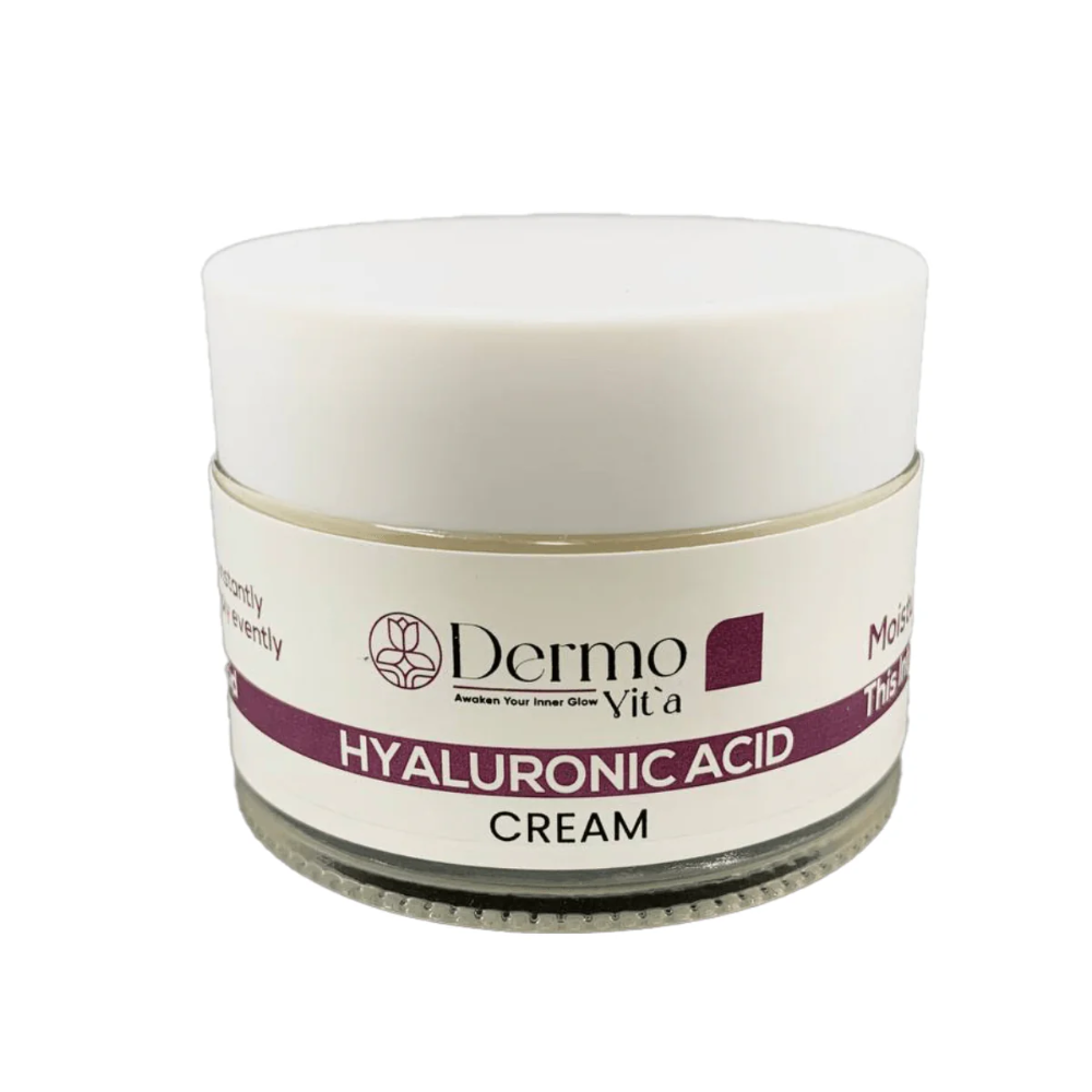 Dermovita Hyaluronic Acid Day Cream in 50ml jar, showcasing smooth, hydrating facial care product with white packaging and blue accents.