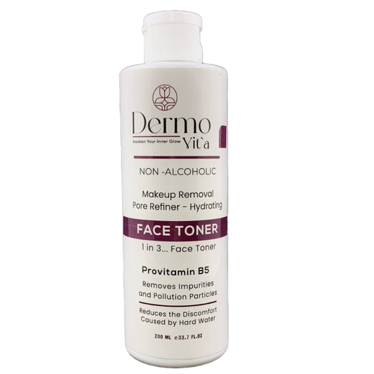 Dermovita makeup removal face toner in 200ml bottle, facial care product for gentle cleansing and refreshing skin.