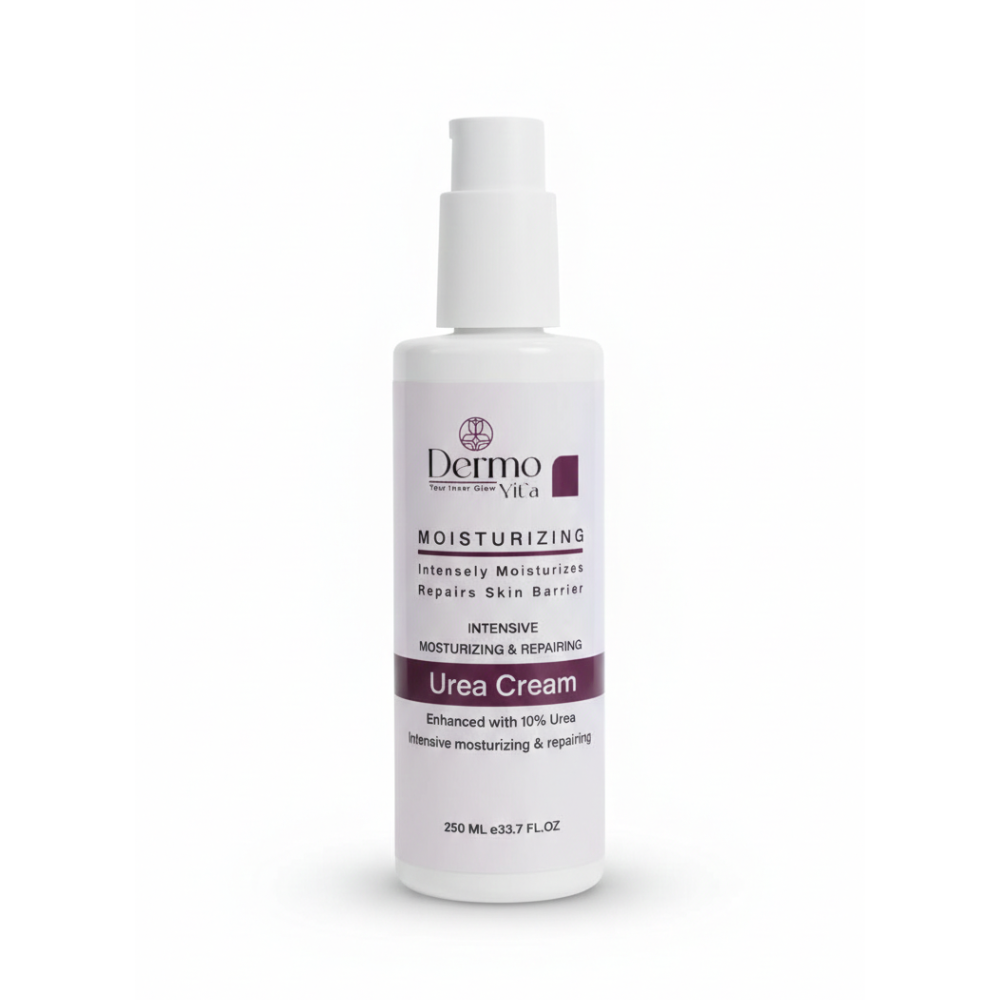 Dermovita Moist Urea Body Lotion 250ml bottle showing creamy lotion texture and label, for dry skin hydration and body care.