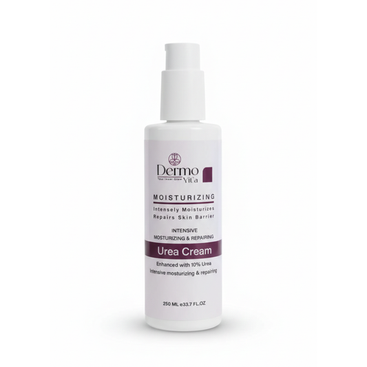 Dermovita Moist Urea Body Lotion 250ml bottle showing creamy lotion texture and label, for dry skin hydration and body care.