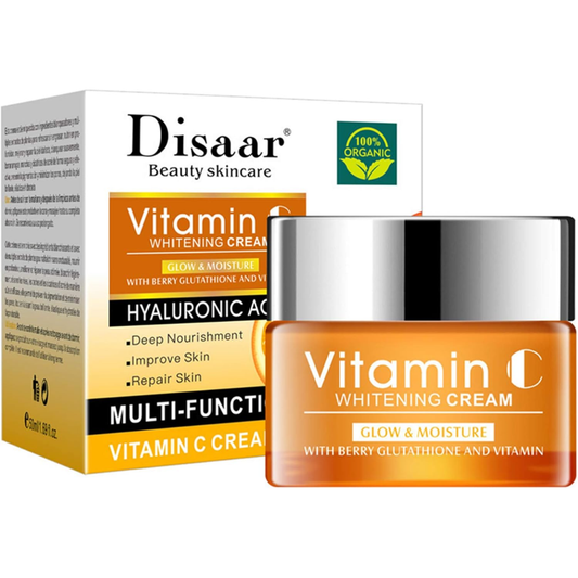 DISAAR Beauty Vitamin C Hyaluronic Acid whitening facial cream in 50ml jar, hydrating and brightening skincare product.