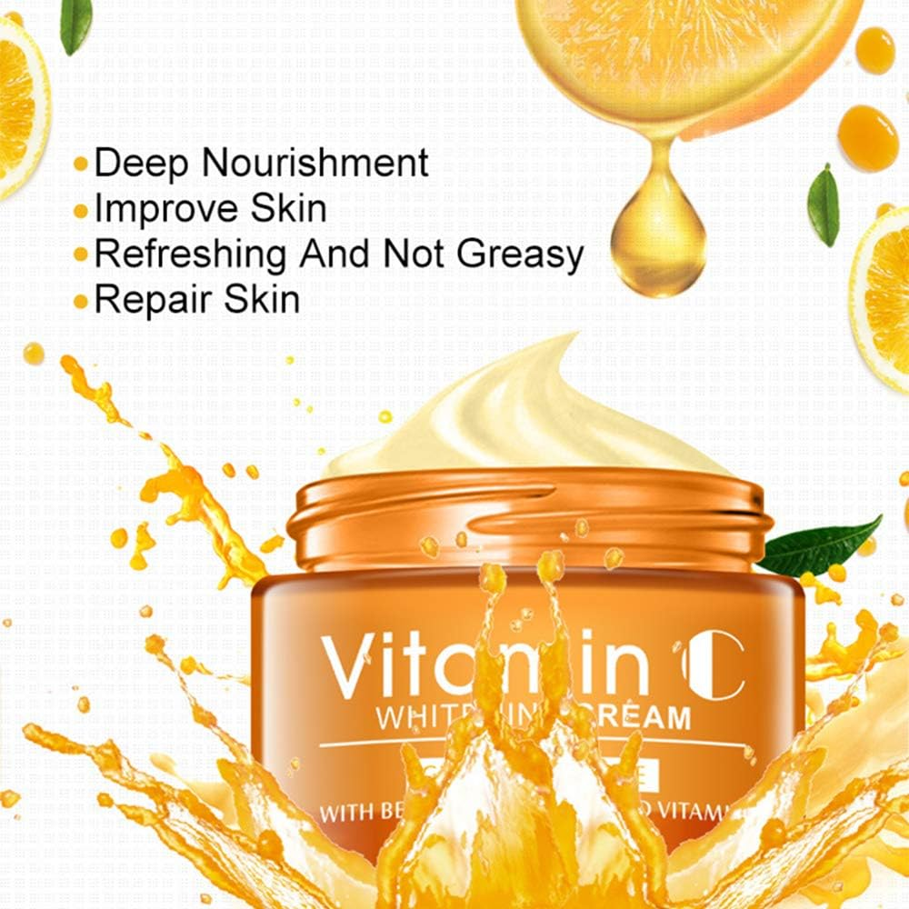DISAAR Beauty Vitamin C and Hyaluronic Acid whitening facial cream in 50ml jar, smooth texture and brightening skincare product