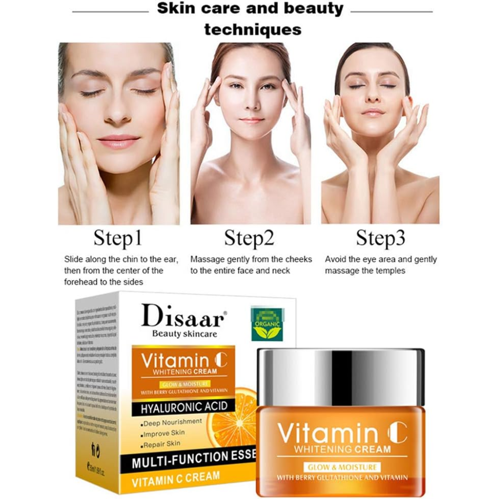 DISAAR Beauty Vitamin C and Hyaluronic Acid Whitening Cream for face, 50ml, with smooth, moisturizing texture visible in the image.