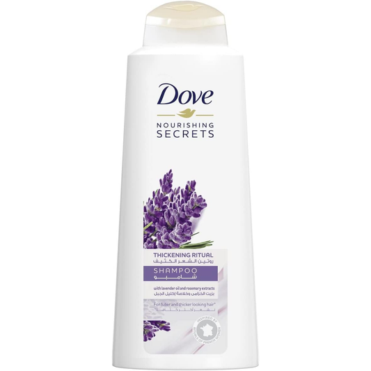 Dove Natural Shampoo Relaxing Ritual with lavender oil and rosemary extract in a 600ml bottle, ideal for soothing hair care.
