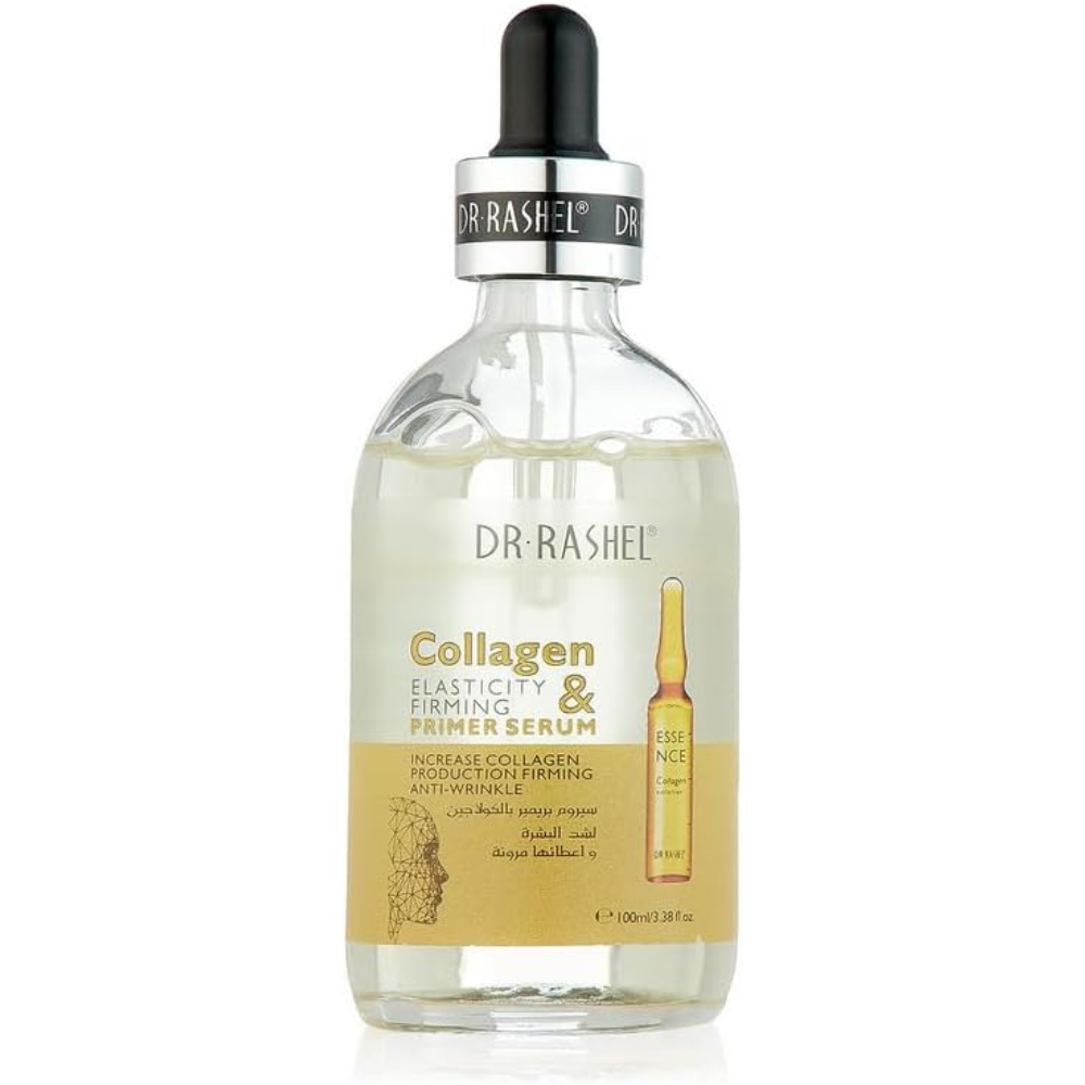 Dr. Rashel collagen primer serum in a 100ml gold bottle, facial care product with a sleek design and pump dispenser.