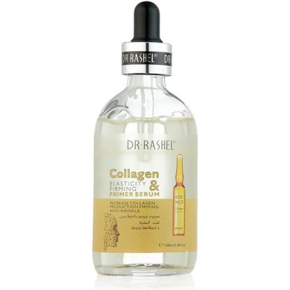 Dr. Rashel collagen primer serum in a 100ml gold bottle, facial care product with a sleek design and pump dispenser.