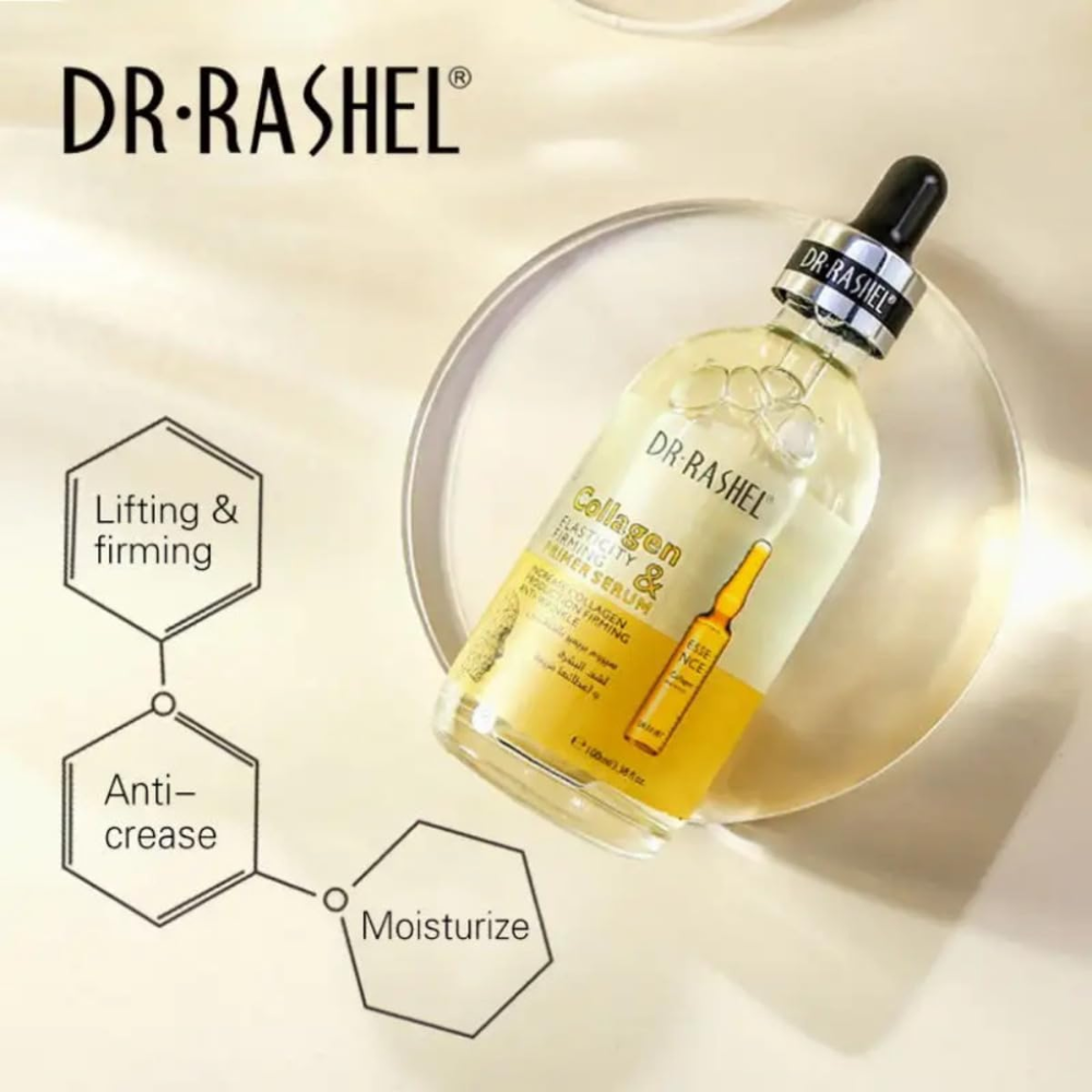 Dr. Rashel collagen primer serum in gold, 100ml, shown in a clear bottle with a gold cap, designed for facial skin care.