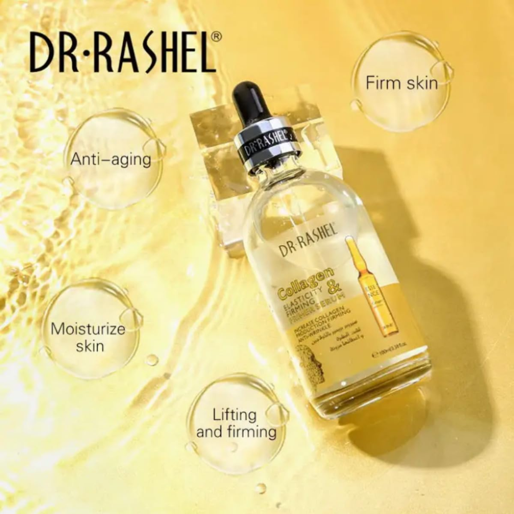 Dr. Rashel collagen primer serum in a 100ml gold-colored bottle, designed for facial care and skin hydration.