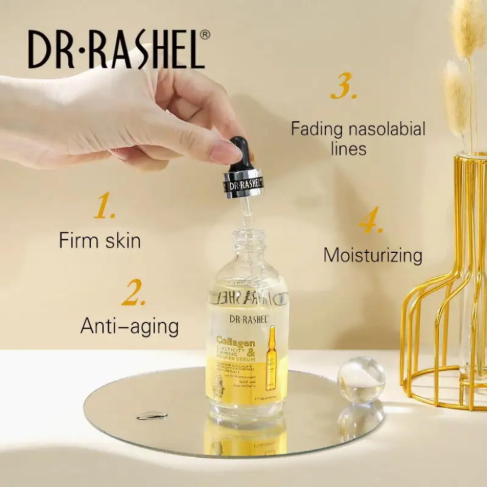 Dr. Rashel collagen primer serum in gold, 100ml, displayed in a clear bottle with a gold-colored cap for facial care.