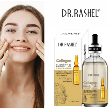 Dr. Rashel collagen primer serum in a gold 100ml bottle, designed for facial care and skin boosting.