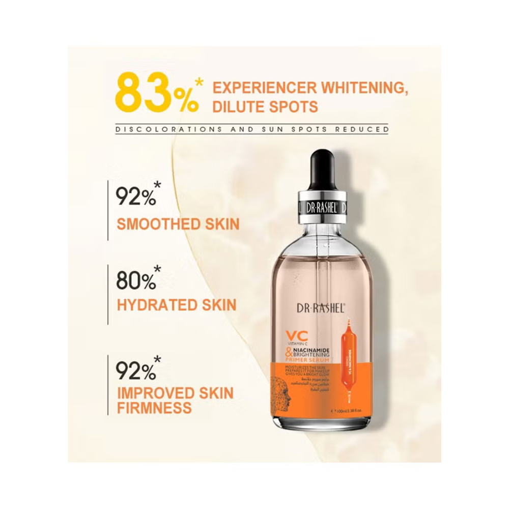 Dr. Rashel Niacinamide Brightening Serum 100ml bottle, facial care product with clear liquid, featuring a white label and pump dispenser.