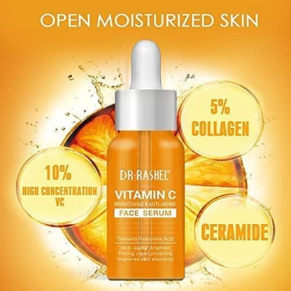 Dr. Rashel Vitamin C face serum in a 50ml bottle, facial care product with a clear dropper cap and bright orange label.