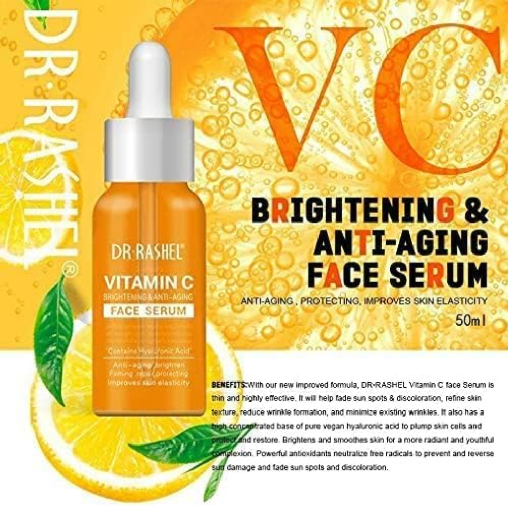 Dr. Rashel Vitamin C face serum in a 50ml bottle, with a pump dispenser, for brightening and skincare in facial care.
