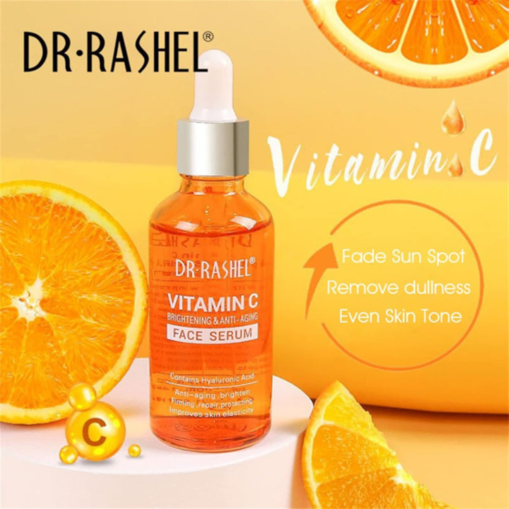 Dr. Rashel Vitamin C face serum in a 50ml bottle, designed for facial care with a clear dropper and bright orange label.