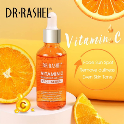 Dr. Rashel Vitamin C face serum in a 50ml bottle, designed for facial care with a clear dropper and bright orange label.