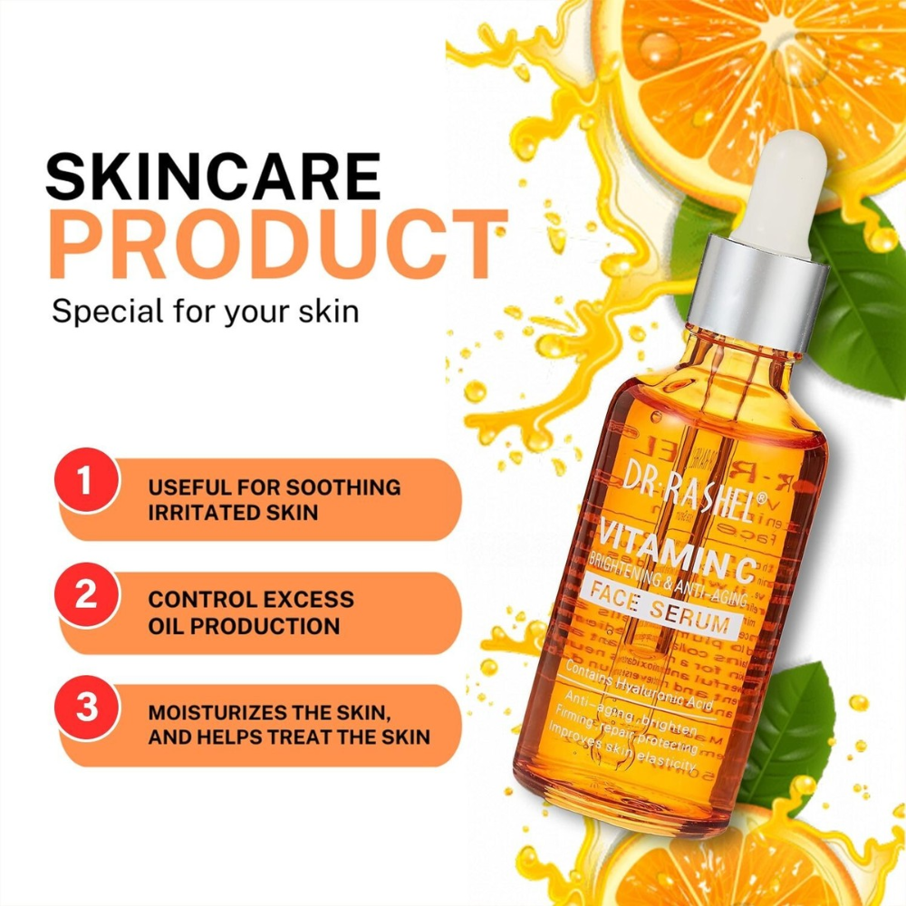 Dr. Rashel Vitamin C face serum in a 50ml bottle, showcasing the skincare product with a clear label and dropper applicator.