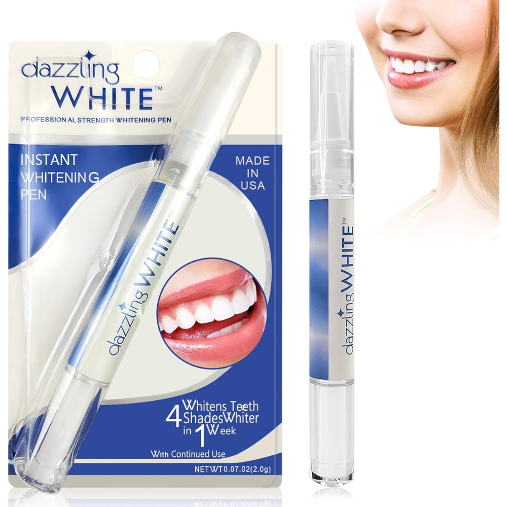 Dazzling White professional teeth whitening pen from Dazzling, showing a sleek white dental care pen with whitening gel applicator.