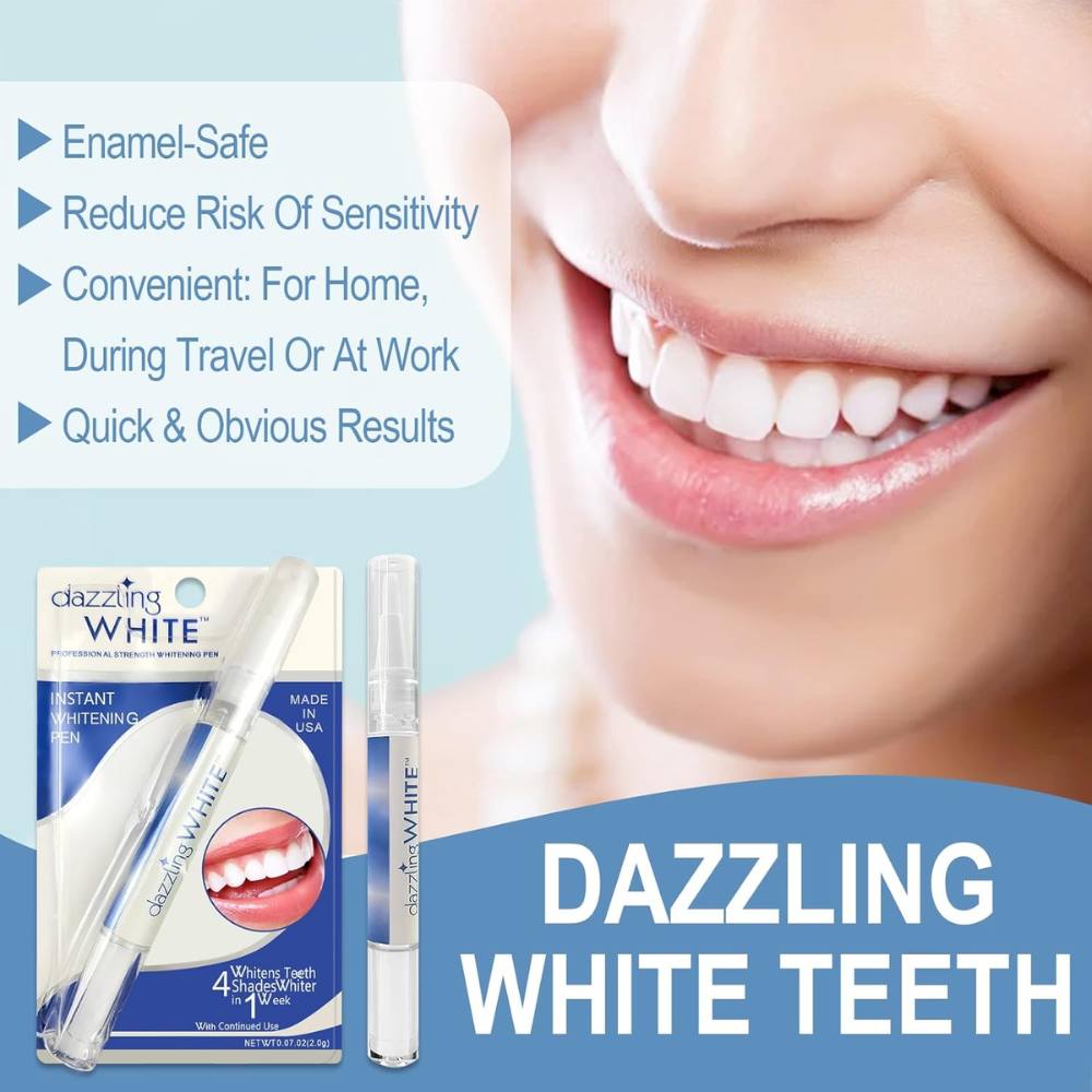 Dazzling White professional teeth whitening pen for dental care, showcasing the sleek pen with white cap and branding.