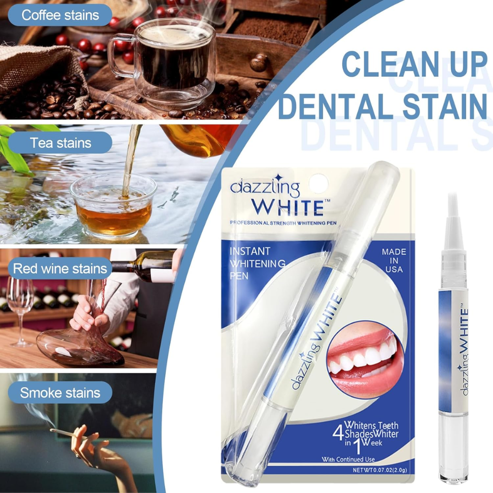 Dazzling White professional teeth whitening pen with white cap and precision applicator for dental care.