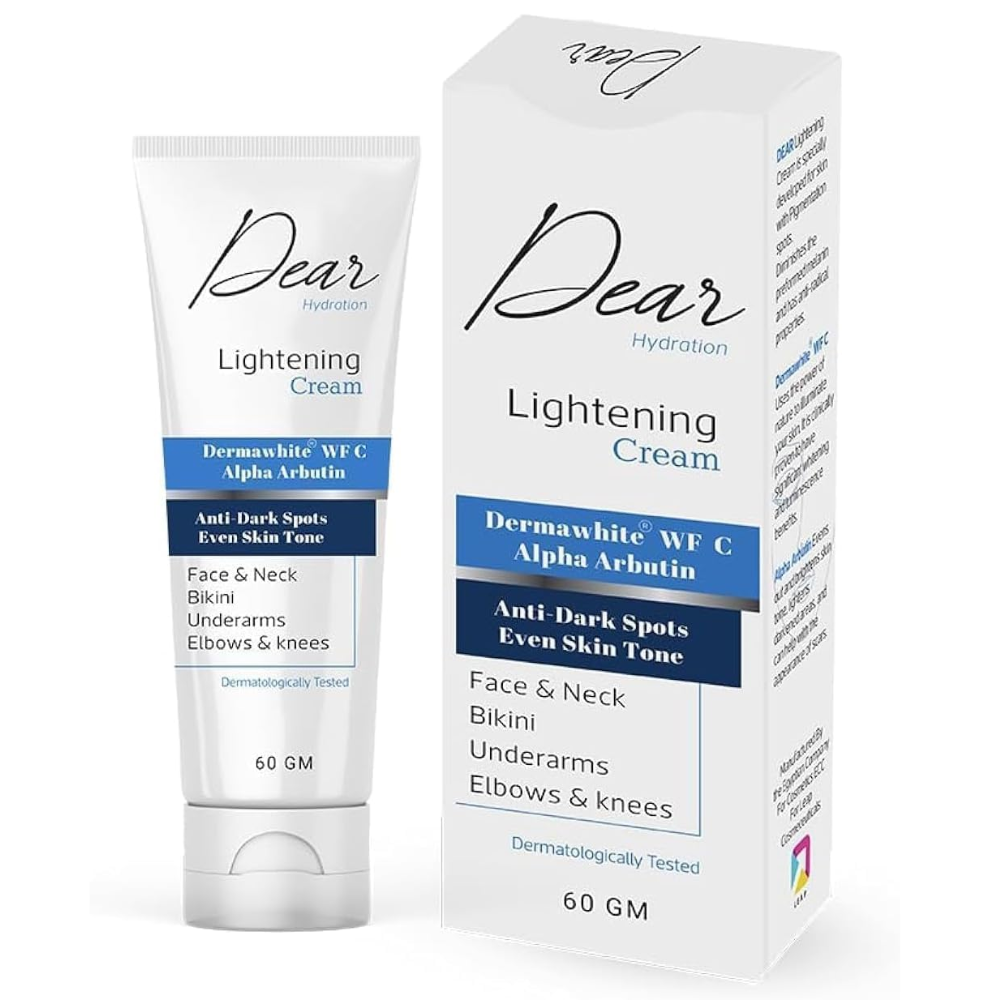 Dear Hydration Lightening Cream 60Gm for facial care, featuring a sleek jar with the cream inside and a smooth, moisturizing texture.