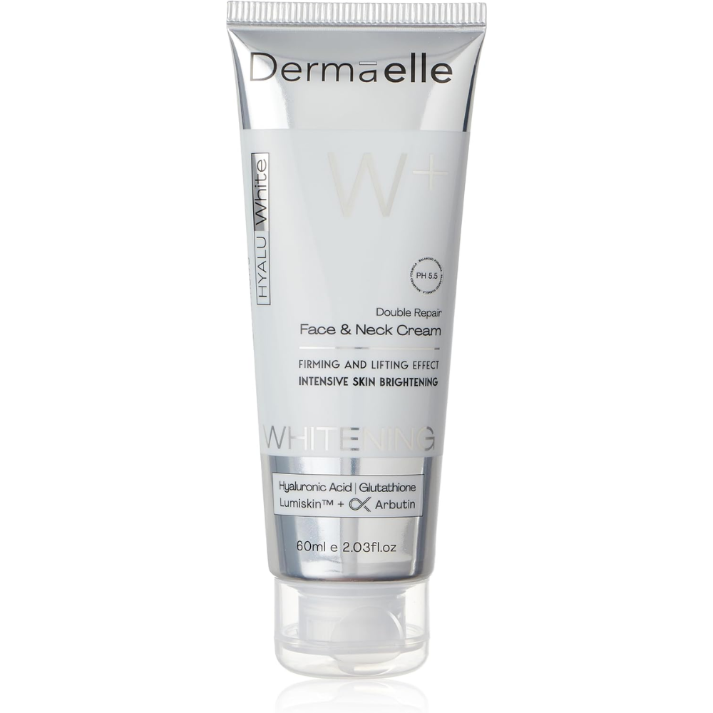 Dermélle W+ Face & Neck Cream in a silver squeeze tube with a clear cap, shown on a white background.