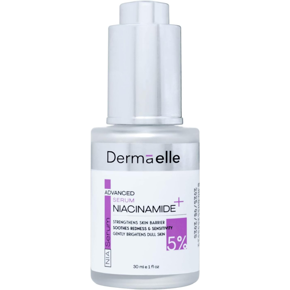 A 30 ml bottle of Dermaelle Advanced Serum Niacinamide 5% on a solid white background.