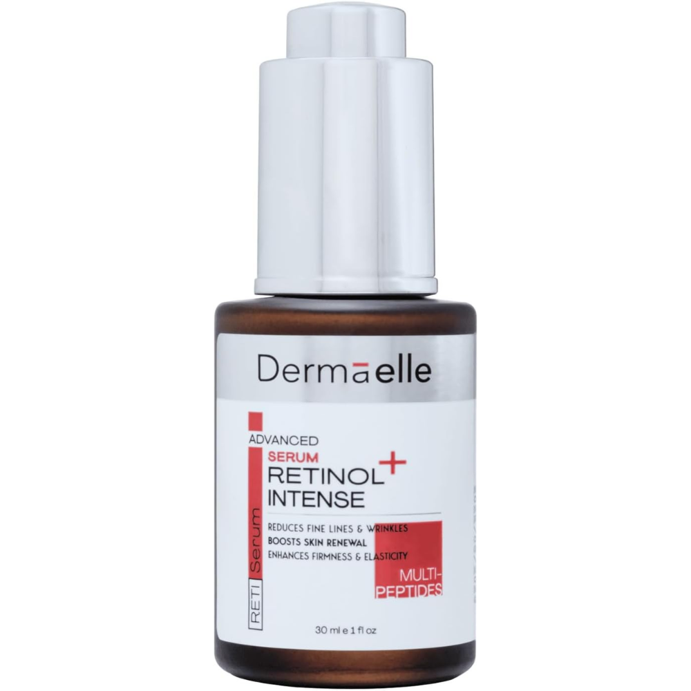Dermaele Advanced Serum Retinol Intense in a 30 ml amber glass bottle with a white pump dispenser and a white label featuring red and black text.