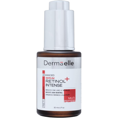 Dermaele Advanced Serum Retinol Intense in a 30 ml amber glass bottle with a white pump dispenser and a white label featuring red and black text.
