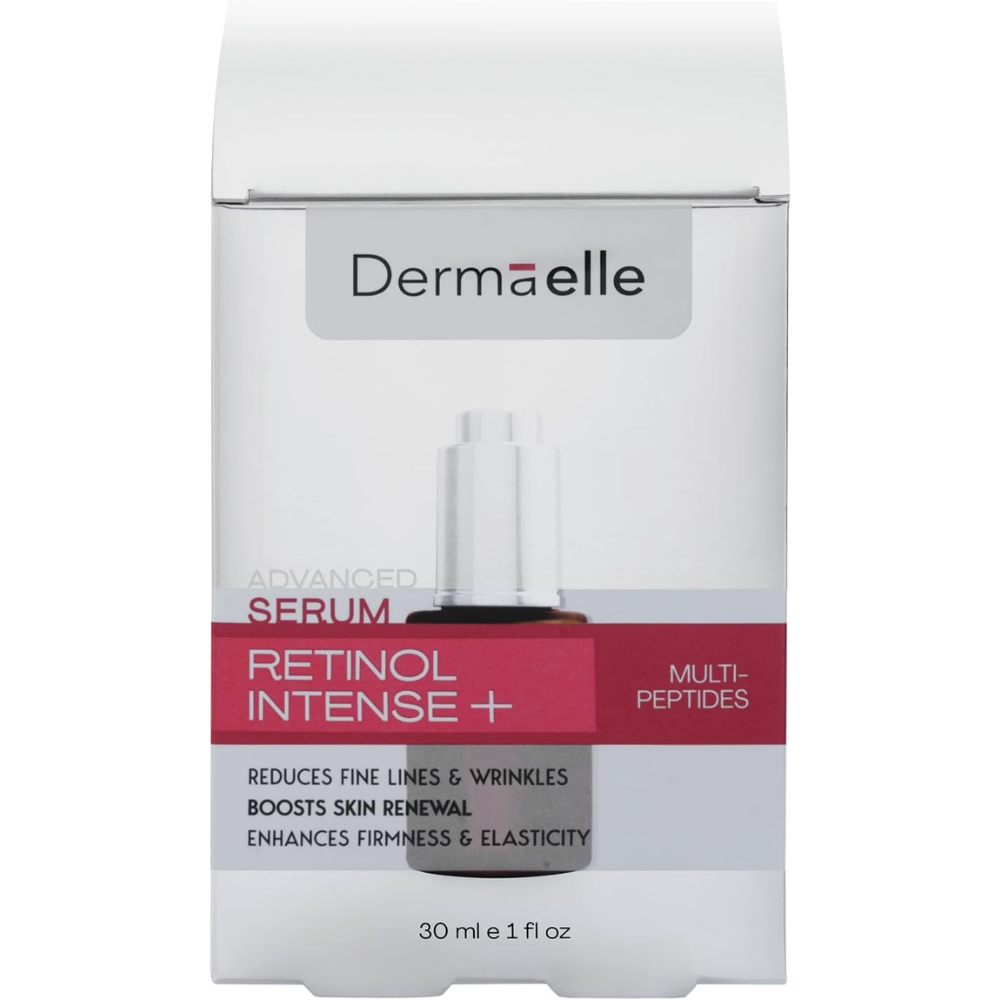 Dermaelle Retinol Intense + Serum in its original white and pink packaging box, featuring a 30 ml bottle of the multi-peptide serum.