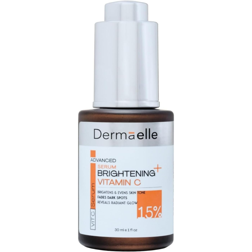 Dermaelle Vitamin C Brightening Serum in a 30 ml amber glass bottle with a white pump dispenser and a white label featuring orange and black text.