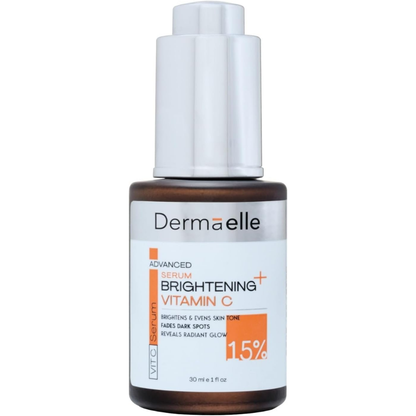 Dermaelle Vitamin C Brightening Serum in a 30 ml amber glass bottle with a white pump dispenser and a white label featuring orange and black text.