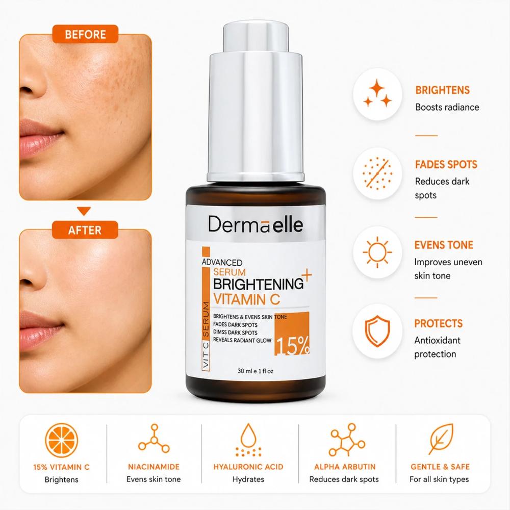 Dermaelle serum bottle with before and after skin comparison on a white background