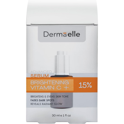 Dermaelle Brightening Vitamin C + 15% serum in a white box with orange and gray accents, featuring a small bottle illustration on the front.