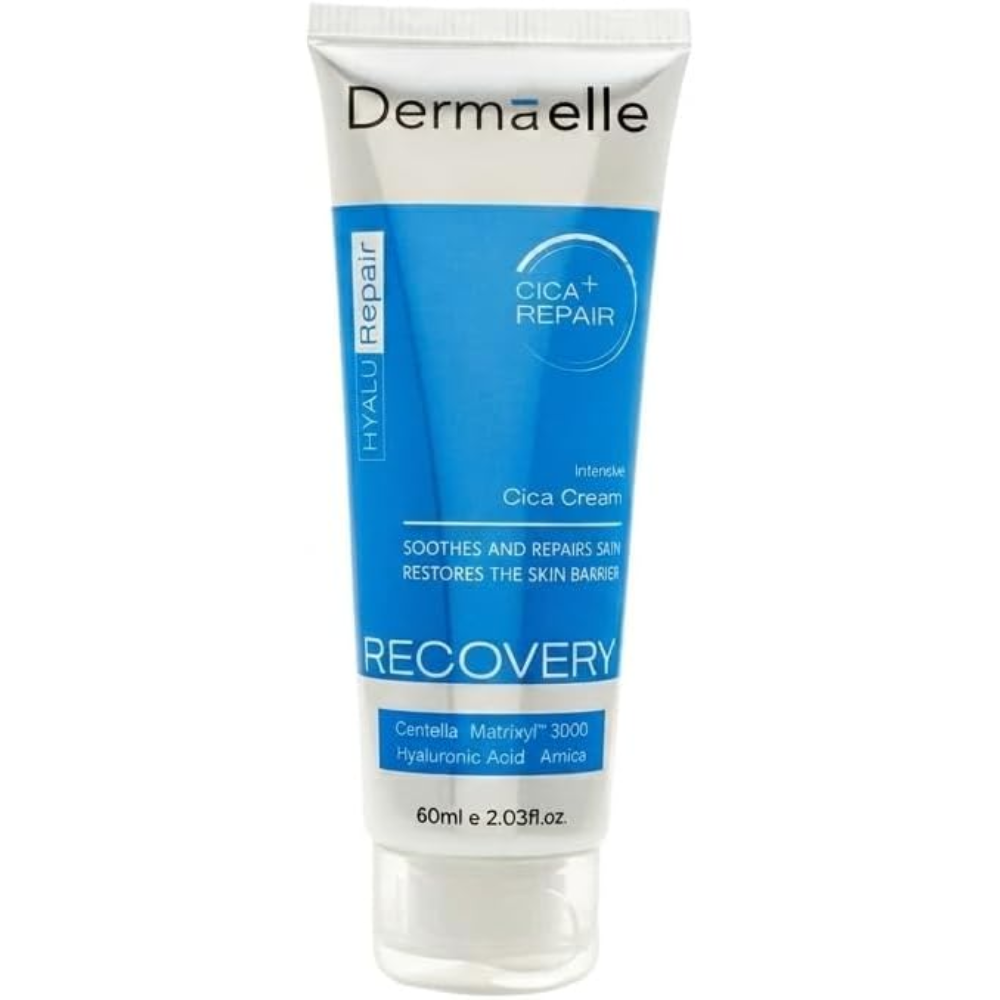 Dermaelle Cica+ Repair Recovery Cica Cream in a 60ml squeeze tube, featuring a white top section and a bright blue lower section with white text.