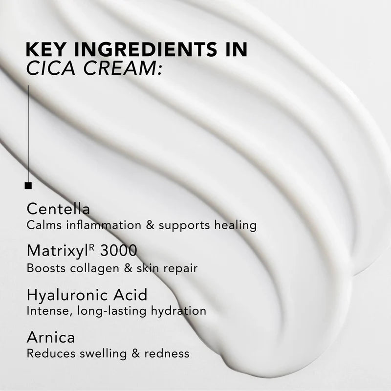 Cica cream with key ingredients listed on a white background