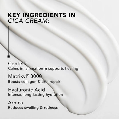 Cica cream with key ingredients listed on a white background