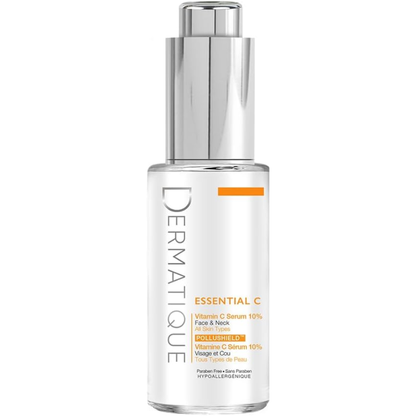 Dermatique Vitamin C serum for all skin types in a 30ml bottle, facial care product with a clear dropper and bright orange packaging.