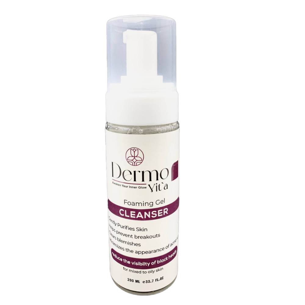 Creamy Dermovita facial cleanser with hyaluronic acid, foaming gel for gentle skin cleansing in a 200ml bottle.