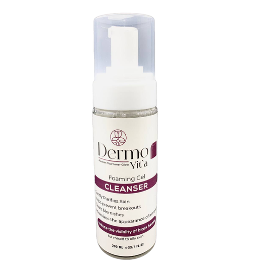 Creamy Dermovita facial cleanser with hyaluronic acid, foaming gel for gentle skin cleansing in a 200ml bottle.