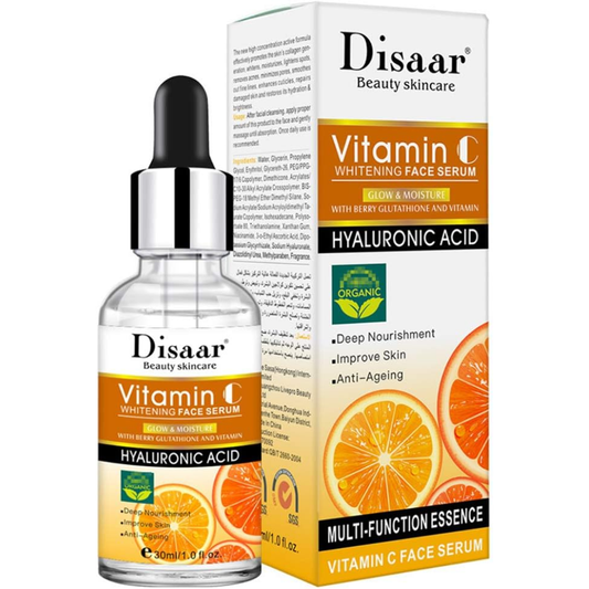 Disaar Beauty Vitamin C Hyaluronic Serum 30ml bottle, facial care product with clear serum inside, designed for skin hydration and brightening