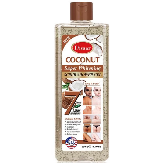 Disaar Coconut Super Whitening Shower Gel 550g bottle with coconut imagery for body care and skin whitening.