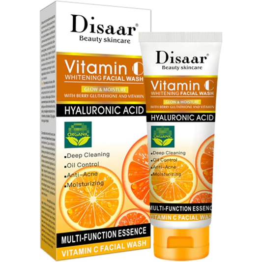 Disaar Vitamin C Whitening Facial Wash in 100ml bottle, showing the product with a clean design and bright orange label.