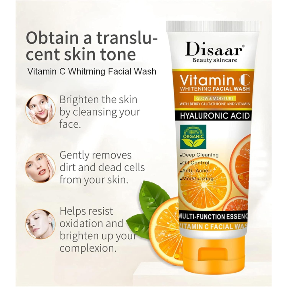 Disaar Vitamin C Whitening Facial Wash in 100ml bottle, showing the product with packaging and label for facial skin care.