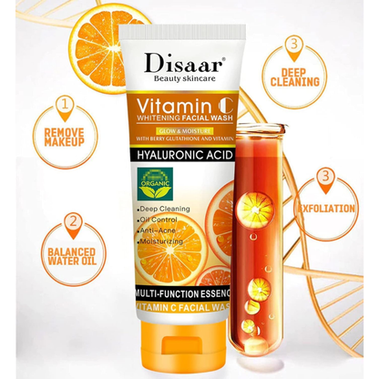 Disaar Vitamin C Whitening Facial Wash in 100ml bottle, featuring a clear liquid formula for brightening and cleansing skin.