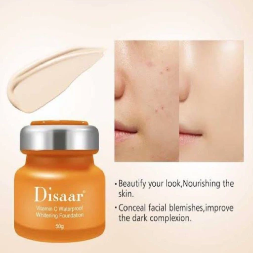 Disaar Beauty Vitamin C Waterproof Whitening Foundation in 50g with smooth, even skin finish and natural glow.