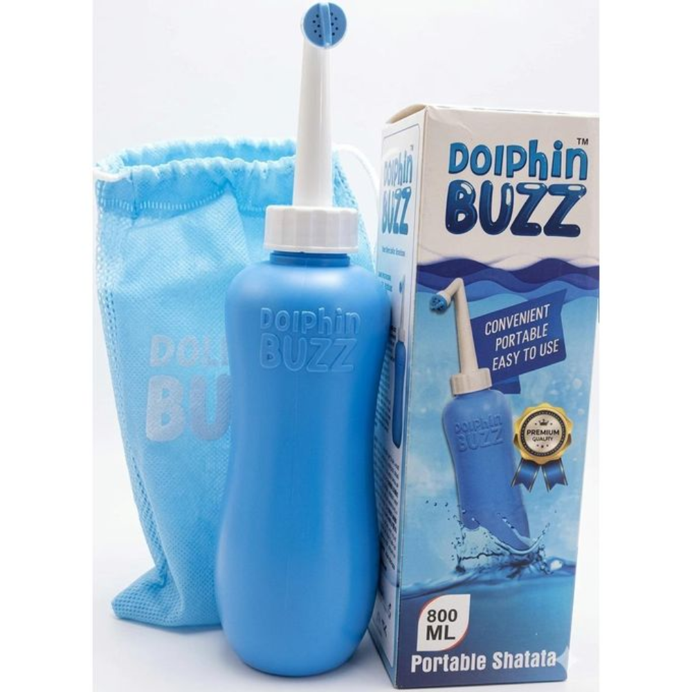 Dolphin Boz Portable Bidet 800ml, compact body care device with a white and blue design, used for personal hygiene.