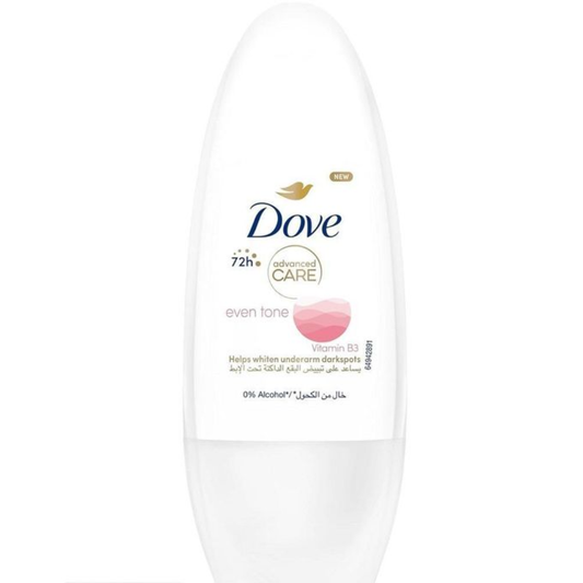 Dove Advanced Care women's antiperspirant deodorant roll-on with even tone formula in 50 ml bottle, body care product.